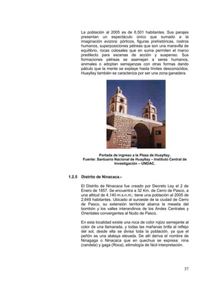 37
La población al 2005 es de 6,501 habitantes. Sus parajes
presentan un espectáculo único que sumado a la
imaginación avizora: pórticos, figuras prehistóricas, rostros
humanos, superposiciones pétreas que son una maravilla de
equilibrio, rocas colosales que en suma permiten el marco
predilecto para escenas de acción y suspenso. Sus
formaciones pétreas se asemejan a seres humanos,
animales o adoptan semejanzas con otras formas dando
pábulo que la mente se explaye hasta límites desconocidos.
Huayllay también se caracteriza por ser una zona ganadera.
Portada de ingreso a la Plaza de Huayllay.
Fuente: Santuario Nacional de Huayllay – Instituto Central de
Investigación – UNDAC.
1.2.5 Distrito de Ninacaca.-
El Distrito de Ninacaca fue creado por Decreto Ley el 2 de
Enero de 1857. Se encuentra a 32 Km. de Cerro de Pasco, a
una altitud de 4,140 m.s.n.m.; tiene una población al 2005 de
2,649 habitantes. Ubicado al suroeste de la ciudad de Cerro
de Pasco, su extensión territorial abarca la meseta del
bombón y los valles interandinos de los Andes Centrales y
Orientales convergentes al Nudo de Pasco.
En esta localidad existe una roca de color rojizo semejante al
color de una llamarada, y todas las mañanas brilla al reflejo
del sol, desde ella se divisa toda la población, ya que el
peñón es una atalaya elevada. De allí deriva el nombre de
Ninagaga o Ninacaca que en quechua se expresa: nina
(candela) y gaga (Roca), etimología de fácil interpretación.
 
