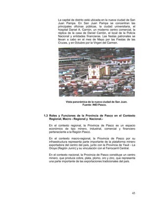 45
La capital de distrito está ubicada en la nueva ciudad de San
Juan Pampa. En San Juan Pampa se concentran las
principales oficinas públicas, la ciudad universitaria, el
hospital Daniel A. Carrión, un moderno centro comercial, la
réplica de la casa de Daniel Carrión, el local de la Policía
Nacional y entidades financieras. Las fiestas patronales se
llevan a cabo en el mes de Mayo por las Fiestas de las
Cruces, y en Octubre por la Virgen del Carmen.
Vista panorámica de la nueva ciudad de San Juan.
Fuente: INEI Pasco.
1.3 Roles y Funciones de la Provincia de Pasco en el Contexto
Regional, Macro - Regional y Nacional.-
En el contexto regional, la Provincia de Pasco es un espacio
económico de tipo minero, industrial, comercial y financiero
perteneciente a la Región Pasco.
En el contexto macro-regional, la Provincia de Pasco por su
infraestructura representa parte importante de la plataforma minero
exportadora del centro del país, junto con la Provincia de Yauli - La
Oroya (Región Junín) y su vinculación con el Ferrocarril Central.
En el contexto nacional, la Provincia de Pasco constituye un centro
minero, que produce cobre, plata, plomo, oro y zinc, que representa
una parte importante de las exportaciones tradicionales del país.
 