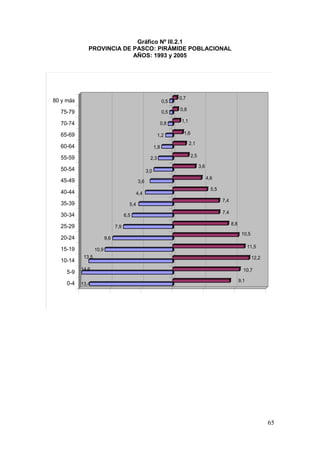65
Gráfico Nº III.2.1
PROVINCIA DE PASCO: PIRÁMIDE POBLACIONAL
AÑOS: 1993 y 2005
13,4
9,1
14,6 10,7
13,5 12,2
10,9
11,5
9,6
10,5
7,9
8,8
6,5
7,4
5,4
7,4
4,4
5,5
3,6
4,6
3,0
3,6
2,3 2,5
1,8
2,1
1,2 1,6
0,8 1,1
0,5
0,8
0,5
0,7
-15,0 -10,0 -5,0 0,0 5,0 10,0 15,0
0-4
5-9
10-14
15-19
20-24
25-29
30-34
35-39
40-44
45-49
50-54
55-59
60-64
65-69
70-74
75-79
80 y más
 