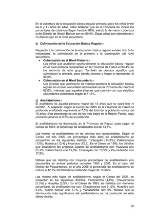 70
En la cobertura de la educación básica regular primaria, para los niños entre
los 6 y 11 años de edad, cabe destacar que en la Provincia de Pasco los
porcentajes de cobertura llegan hasta el 99%, siendo la de menor cobertura
la del Distrito de Simón Bolívar con un 89,9%. Estas cifras son alentadoras y
no disminuyen en el nivel secundario.
b) Culminación de la Educación Básica Regular.-
Respecto a la culminación de la educación básica regular existen dos Sub-
indicadores: la culminación de la primaria y la culminación del nivel
secundario.
• Culminación en el Nivel Primario.-
Los niños que acabaron oportunamente la educación básica regular
en el nivel primario representan en la Provincia de Pasco el 80,4% de
los alumnos de este grupo. También se destaca aquellos que
culminaron la primaria, pero siendo jóvenes y llegan a representar el
96,6%.
• Culminación en el Nivel Secundario.-
Los jóvenes que culminaron de manera oportuna la educación básica
regular en el nivel secundario representan en la Provincia de Pasco el
62,6%; mientras que aquellos jóvenes que cuentan con sus estudios
secundarios culminados llegan al 81,4%.
c) Analfabetismo.-
El analfabeto es aquella persona mayor de 15 años que no sabe leer ni
escribir. Al respecto, según el Censo del 2005 en la Provincia de Pasco la
población analfabeta representa el 7,5% del total de la población mayor de
15 años. Este porcentaje es uno de los más bajos en la Región Pasco, cuyo
promedio alcanza al 9,5% de la población.
El analfabetismo ha disminuido en la Provincia de Pasco, pues según el
Censo de 1993, el porcentaje de analfabetos era de 13,7%.
Los niveles de analfabetismo en los distritos son considerables. Según el
Censo del año 2005, los porcentajes más altos de analfabetismo se
encuentran en los siguientes distritos: Ticlacayán (14,8%), Pallanchacra
(13%), Huariaca (12,4) y Huariaca (12,2). En el Censo de 1993, los distritos
que alcanzaron los primeros lugares de analfabetismo son: Huariaca con
21,2%, Pallanchacra con 19,9%, Ticlacayán con 18,5% y Paucartambo con
17,9%.
Nótese que los distritos con mayores porcentajes de analfabetismo son
recurrentes en ambos períodos censales 1993 y 2005. En el caso del
Distrito de Paucartambo, en el año 2005 el porcentaje de analfabetismo se
reduce a 12,2% del total de la población mayor de 15 años.
Los niveles más bajos de analfabetismo, según el Censo del 2005, se
presentan en los siguientes distritos: Yanacancha (4,8%), Chaupimarca
(5,3%) y Huayllay (5,5%). En el Censo de 1993, los distritos con menores
porcentajes de analfabetismos son: Chaupimarca con 6,12%, Huayllay con
8,4%, Simón Bolívar con 8,7% y Yanacancha con 9%. Nótese que la
disminución más significativa del analfabetismo se ha producido en éste
último distrito.
 