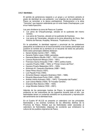 86
2.4.2 Identidad.-
El sentido de pertenencia respecto a un grupo y un territorio advierte el
grado de identidad de una población. Los orígenes de los pobladores de
Pasco se remontan a la época prehispánica. Pertenecieron a la etnia
“Yarovilca” que lograron extenderse por el norte hasta Chachapoyas y por
el sur hasta Ayacucho.
Los yaro dividieron la zona de Pasco en 3 partes:
• Los yaros de Chaupihuaranga, ubicado en la quebrada del mismo
nombre.
• Los yaros de Yacanes, ubicado en la quebrada de Huariaca.
• Los yaros de Yanamates, ubicado en la zona altoandina de Vicco, San
Antonio de Rancas, Huayllay, Ninacaca, Tinyahuarco y Pasco.
En la actualidad, la identidad regional y provincial de los pobladores
pasqueños se evidencia en el reconocimiento a los ilustres personajes que
pusieron el nombre de su territorio en el recuerdo de todos los peruanos.
Entre estos personajes célebres destacan:
• Daniel Alcides Carrión (1857 – 1885).
• Gerardo Patiño López (1898): periodista.
• Gamaniel Blanco Murillo (1907 – 1931): maestro ejemplar.
• Lorenzo Rockovich Minaya (1916 – 1941).
• Francisco Quiroz Ampudia (1798 – 1857): político ilustre.
• Lisandro Proaño (1866 – 1945): el “Primer minero del Perú”.
• Cipriano Proaño Malpartida (1872 – 1955).
• Ambrosio W. Casquero Dianderas (1898 – 1942).
• César Pérez Arauco (1937).
• Luis Pajuelo Frías (1945).
• Armando Eleazar casquero Alcántara (1923 – 1968).
• Eduardo Mayuntupa Punto (1940 – 2000).
• Andrés Urbina Acevedo (1902 – 1947): “Compositor del Pueblo”.
• Juan Llanos Matías (1934): “El Trovador Cerreño”.
• Graciano Rixe Atencio (1892 – 1930).
• Jorge Morales Galarza (1930 – 2001).
Además de los personajes ilustres de Pasco, la expresión cultural se
evidencia en las costumbres de los lugareños durante todo el año. Las
festividades tienen un contenido simbólico en la producción y reproducción
del sentimiento de la identidad local.
En el Cuadro Nº III.2.22 se presenta un calendario con las principales
festividades y los eventos turísticos de los diferentes distritos de la
Provincia de Pasco. Nótese que las festividades están asociadas al
calendario de festividades religiosas de occidente que sintetizaron la
cultura de los pueblos originarios de Pasco.
 