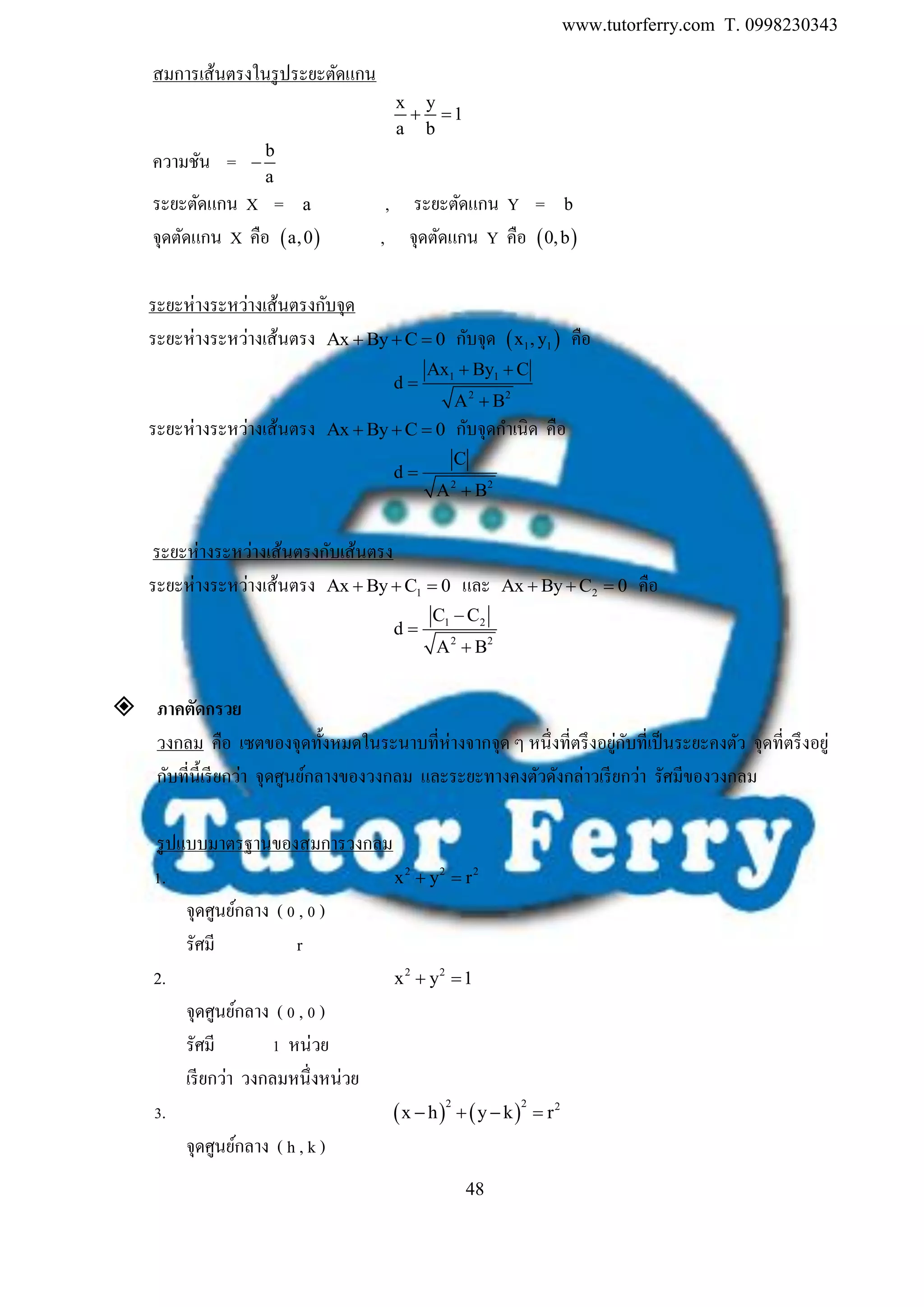www.tutorferry.com T. 0998230343
48
สมการเส้นตรงในรูประยะตัดแกน
x y
1
a b
 
ความชัน = b
a

ระยะตัดแกน X = a , ระยะตัดแกน Y = b
จุดตัดแกน X คือ  a,0 , จุดตัดแกน Y คือ  0,b
ระยะห่างระหว่างเส้นตรงกับจุด
ระยะห่างระหว่างเส้นตรง Ax By C 0   กับจุด  1 1x , y คือ
1 1
2 2
Ax By C
d
A B
 


ระยะห่างระหว่างเส้นตรง Ax By C 0   กับจุดกาเนิด คือ
2 2
C
d
A B


ระยะห่างระหว่างเส้นตรงกับเส้นตรง
ระยะห่างระหว่างเส้นตรง 1Ax By C 0   และ 2Ax By C 0   คือ
1 2
2 2
C C
d
A B



 ภำคตัดกรวย
วงกลม คือ เซตของจุดทั้งหมดในระนาบที่ห่างจากจุด ๆ หนึ่งที่ตรึงอยู่กับที่เป็นระยะคงตัว จุดที่ตรึงอยู่
กับที่นี้เรียกว่า จุดศูนย์กลางของวงกลม และระยะทางคงตัวดังกล่าวเรียกว่า รัศมีของวงกลม
รูปแบบมาตรฐานของสมการวงกลม
1. 2 2 2
x y r 
จุดศูนย์กลาง ( 0 , 0 )
รัศมี r
2. 2 2
x y 1 
จุดศูนย์กลาง ( 0 , 0 )
รัศมี 1 หน่วย
เรียกว่า วงกลมหนึ่งหน่วย
3.    
2 2 2
x h y k r   
จุดศูนย์กลาง ( h , k )
 