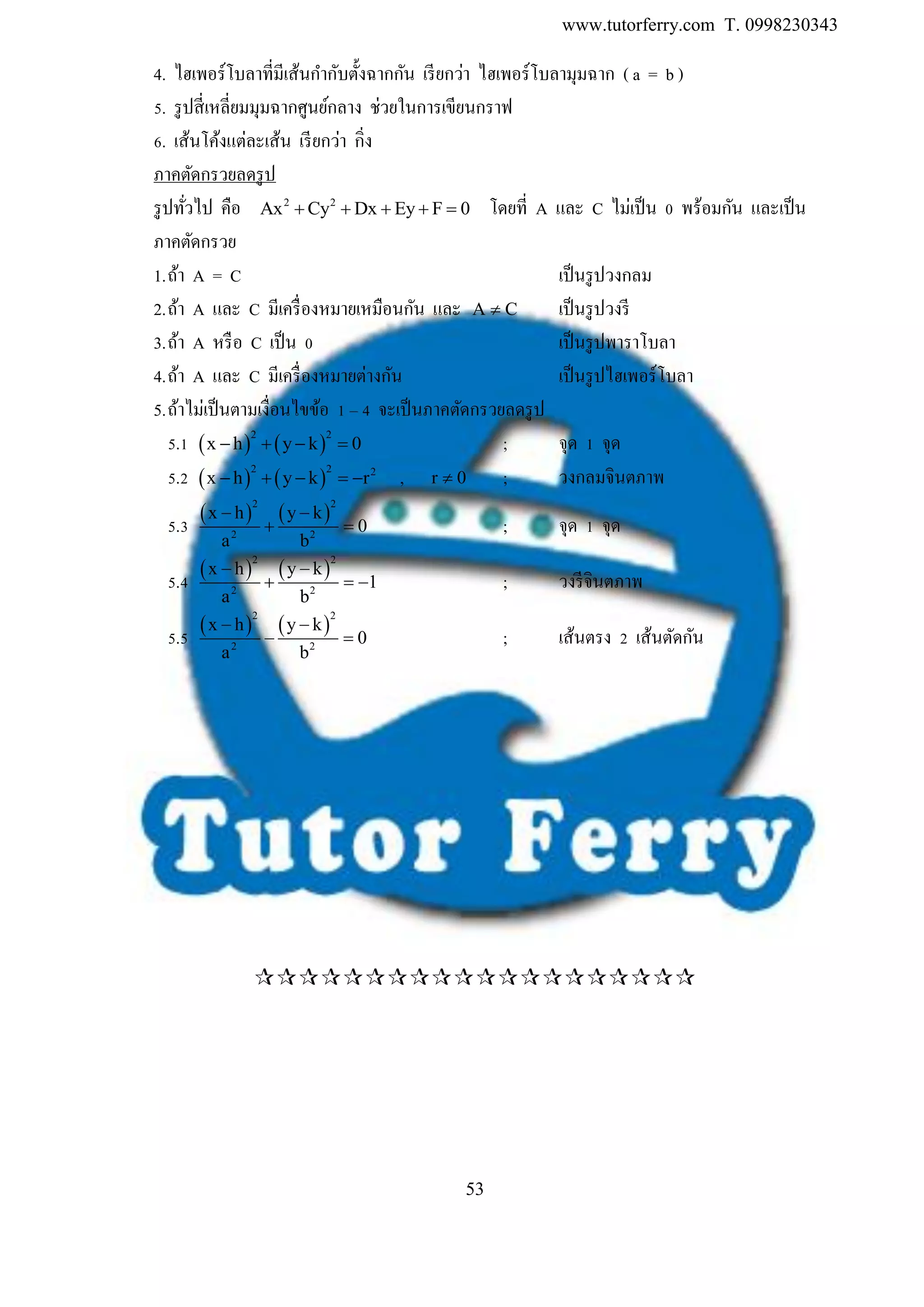 www.tutorferry.com T. 0998230343
53
4. ไฮเพอร์โบลาที่มีเส้นกากับตั้งฉากกัน เรียกว่า ไฮเพอร์โบลามุมฉาก ( a = b )
5. รูปสี่เหลี่ยมมุมฉากศูนย์กลาง ช่วยในการเขียนกราฟ
6. เส้นโค้งแต่ละเส้น เรียกว่า กิ่ง
ภาคตัดกรวยลดรูป
รูปทั่วไป คือ 2 2
Ax Cy Dx Ey F 0     โดยที่ A และ C ไม่เป็น 0 พร้อมกัน และเป็น
ภาคตัดกรวย
1.ถ้า A = C เป็นรูปวงกลม
2.ถ้า A และ C มีเครื่องหมายเหมือนกัน และ A C เป็นรูปวงรี
3.ถ้า A หรือ C เป็น 0 เป็นรูปพาราโบลา
4.ถ้า A และ C มีเครื่องหมายต่างกัน เป็นรูปไฮเพอร์โบลา
5.ถ้าไม่เป็นตามเงื่อนไขข้อ 1 – 4 จะเป็นภาคตัดกรวยลดรูป
5.1    
2 2
x h y k 0    ; จุด 1 จุด
5.2    
2 2 2
x h y k r     , r 0 ; วงกลมจินตภาพ
5.3    
2 2
2 2
x h y k
0
a b
 
  ; จุด 1 จุด
5.4    
2 2
2 2
x h y k
1
a b
 
   ; วงรีจินตภาพ
5.5    
2 2
2 2
x h y k
0
a b
 
  ; เส้นตรง 2 เส้นตัดกัน

 