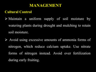MANAGEMENT
Cultural Control
 Maintain a uniform supply of soil moisture by
watering plants during drought and mulching to retain
soil moisture.
 Avoid using excessive amounts of ammonia forms of
nitrogen, which reduce calcium uptake. Use nitrate
forms of nitrogen instead. Avoid over fertilization
during early fruiting.
 
