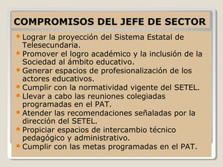 COMPROMISOS DEL JEFE DE SECTOR
 Lograr  la proyección del Sistema Estatal de
  Telesecundaria.
 Promover el logro académico y la inclusión de la
  Sociedad al ámbito educativo.
 Generar espacios de profesionalización de los
  actores educativos.
 Cumplir con la normatividad vigente del SETEL.
 Llevar a cabo las reuniones colegiadas
  programadas en el PAT.
 Atender las recomendaciones señaladas por la
  dirección del SETEL.
 Propiciar espacios de intercambio técnico
  pedagógico y administrativo.
 Cumplir con las metas programadas en el PAT.
 
