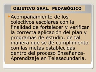 OBJETIVO GRAL. PEDAGÓGICO

 Acompañamiento   de los
colectivos escolares con la
finalidad de fortalecer y verificar
la correcta aplicación del plan y
programas de estudio, de tal
manera que se dé cumplimiento
con las metas establecidas
dentro del proceso Enseñanza-
Aprendizaje en Telesecundaria.
 