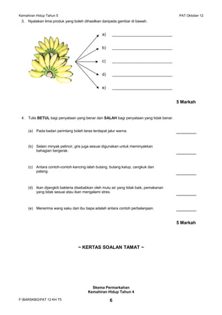 Kemahiran Hidup Tahun 5 PAT Oktober 12
3. Nyatakan lima produk yang boleh dihasilkan daripada gambar di bawah.
a) _____________________________
b) _____________________________
c) _____________________________
d) _____________________________
e) _____________________________
4. Tulis BETUL bagi penyataan yang benar dan SALAH bagi penyataan yang tidak benar.
(a) Pada badan perintang boleh laras terdapat jalur warna. ________
(b) Selain minyak pelincir, gris juga sesuai digunakan untuk meminyakkan
bahagian bergerak. ________
(c) Antara contoh-contoh kancing ialah butang, butang katup, cangkuk dan
palang. ________
(d) Ikan dijangkiti bakteria disebabkan oleh mutu air yang tidak baik, pemakanan
yang tidak sesuai atau ikan mengalami stres. ________
(e) Menerima wang saku dari ibu bapa adalah antara contoh perbelanjaan. ________
~ KERTAS SOALAN TAMAT ~
Skema Permarkahan
Kemahiran Hidup Tahun 4
F:BARSKBGPAT 12 KH T5 6
5 Markah
5 Markah
 