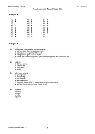Kemahiran Hidup Tahun 5 PAT Oktober 12
Peperiksaan Akhir Tahun Oktober 2012
Bahagian A
1) B 11) C 21) A
2) A 12) D 22) D
3) C 13) C 23) A
4) D 14) A 24) B
5) D 15) B 25) C
6) A 16) D 26) C
7) D 17) D 27) B
8) A 18) C 28) C
9) A 19) D 29) C
10) A 20) C 30) C
Bahagian B
1) a) Menukar kelajuan atau arah pergerakan.
b) Menyambung dan menggerakan roda.
c) Memudahkan pergerakan kit model.
d) Mengerakkan gear pada kit model.
e) Tapak untuk memasang motor, gear, pemegang bateri dan komponen lain.
2) a) Sisik
b) Garisan lateral
c) Sirip kaudal
d) Sirip pelvik
e) Mulut
3) a) pisang goreng
b) pisang salai
c) kek pisang
d) roti pisang
e) kerepek pisang,
f) cekodok pisang, aiskrim pisang, pisang rebus, tart pisang,
g) pengat pisang, sayur pisang masak lemak
4) a) salah
b) betul
c) betul
d betul
e) salah
F:BARSKBGPAT 12 KH T5 7
 