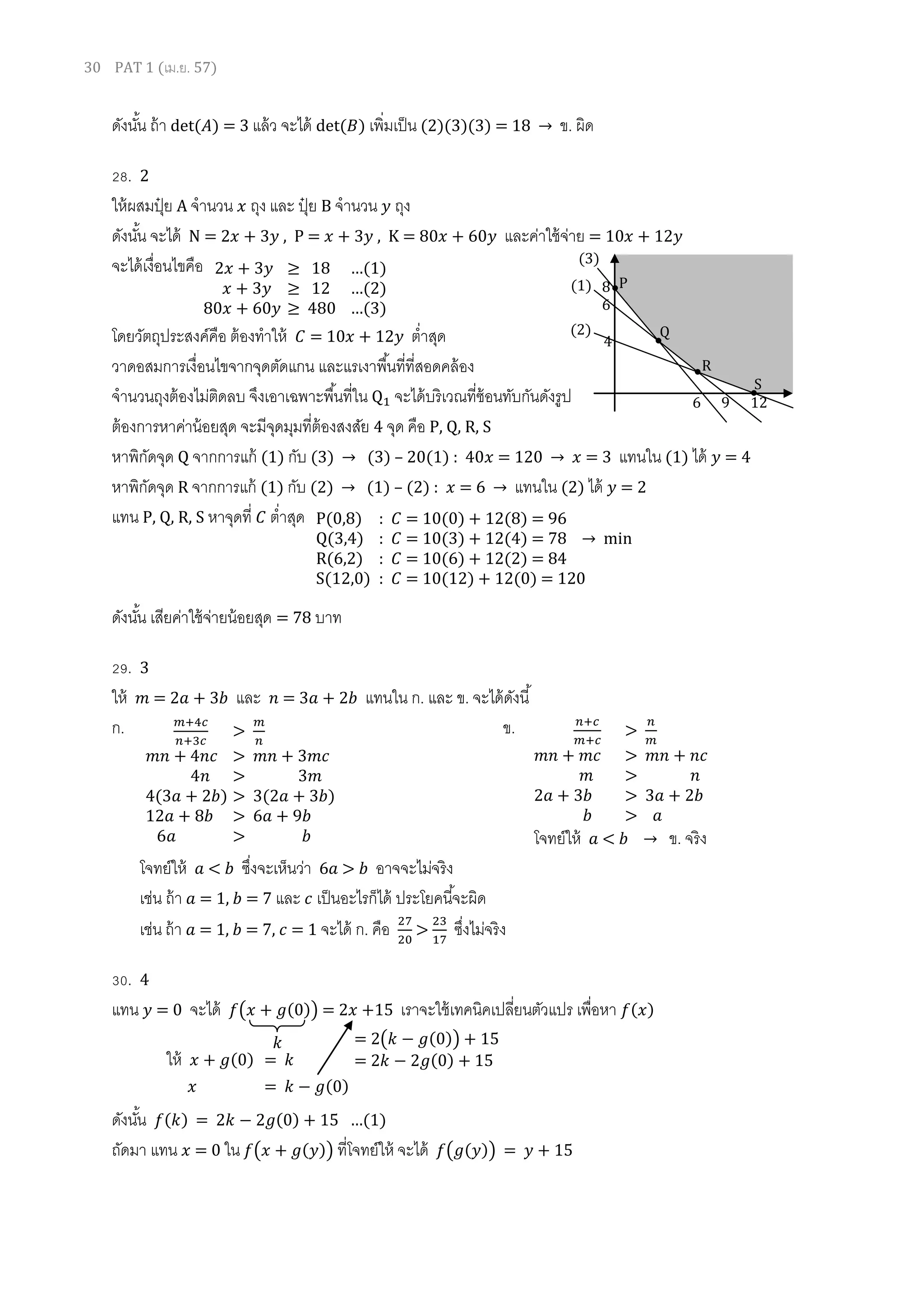 30 PAT 1 (เม.ย. 57)
ดังนั้น ถ้า det( ) = 3 แล้ว จะได้ det( ) เพิ่มเป็น ( )( )( ) ข. ผิด
28. 2
ให้ผสมปุ๋ ย A จานวน ถุง และ ปุ๋ ย B จานวน ถุง
ดังนั้น จะได้ N = 2 + 3 , P = + 3 , K = 80 + 60 และค่าใช้จ่าย = 10 + 12
จะได้เงื่อนไขคือ
โดยวัตถุประสงค์คือ ต้องทาให้ = 10 + 12 ต่าสุด
วาดอสมการเงื่อนไขจากจุดตัดแกน และแรเงาพื้นที่ที่สอดคล้อง
จานวนถุงต้องไม่ติดลบ จึงเอาเฉพาะพื้นที่ใน จะได้บริเวณที่ซ้อนทับกันดังรูป
ต้องการหาค่าน้อยสุด จะมีจุดมุมที่ต้องสงสัย 4 จุด คือ P, Q, R, S
หาพิกัดจุด Q จากการแก้ (1) กับ ( ) (3) – 20(1) : 40 = 120 = 3 แทนใน (1) ได้ = 4
หาพิกัดจุด R จากการแก้ (1) กับ ( ) ( ) – (2) : แทนใน (2) ได้ = 2
แทน P, Q, R, S หาจุดที่ ต่าสุด
ดังนั้น เสียค่าใช้จ่ายน้อยสุด = 78 บาท
29. 3
ให้ = 2 + 3 และ = 3 + 2 แทนใน ก. และ ข. จะได้ดังนี้
ก. ข.
โจทย์ให้ < ซึ่งจะเห็นว่า 6 > อาจจะไม่จริง
เช่น ถ้า = 1, = 7 และ เป็นอะไรก็ได้ ประโยคนี้จะผิด
เช่น ถ้า = 1, = 7, = 1 จะได้ ก. คือ > ซึ่งไม่จริง
30. 4
แทน = 0 จะได้ ( ( )) = 2 +15 เราจะใช้เทคนิคเปลี่ยนตัวแปร เพื่อหา ( )
ดังนั้น ( ) = 2 ( ) …( )
ถัดมา แทน = 0 ใน ( ( )) ที่โจทย์ให้ จะได้ ( ( )) = + 15
ให้ + ( ) =
= ( )
2 + 3 …( )
+ 3 …( )
80 + 60 …( )
P(0,8) : = 10(0) + 12(8) = 96
Q(3,4) : ( ) ( ) m
R(6,2) : = 10(6) + 12(2) = 84
S(12,0) : = 10(12) + 12(0) = 120
8
6
4
6 9 12
(1)
(3)
(2)
P
R
S
Q
>
>
4 >
4(3 + 2 ) > 3(2 + 3 )
12 + 8 > 6 + 9
6 >
>
>
>
2 + 3 > 3 + 2
>
โจทย์ให้ < ข. จริง
= 2( ( )) + 15
= 2 ( )
 