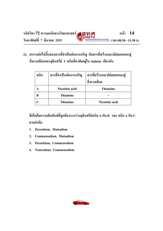 รหัสวิชา 72 ความถนัดทางวิทยาศาสตร์                                  หน้า 14
วันอาทิตย์ท่ี 7 มีนาคม 2553                                   เวลา 08.30 - 11.30 น.

21. ตารางต่อไปนี้แสดงสารที่จาเป็นต่อการเจริญ กับสารที่สร้างและปล่อยออกมาสู่
    สิ่งแวดล้อมของจุลินทรีย์ 3 ชนิดที่อาศัยอยู่ใน habitat เดียวกัน

         ชนิด     สารที่จาเป็นต่อการเจริญ    สารที่สร้างและปล่อยออกมาสู่
                                             สิ่งแวดล้อม
         A              Nicotinic acid                  Thiamine
         B                Thiamine                          -
         C                Thiamine                    Nicotinic acid

    ข้อใดคือความสัมพันธ์ที่ถูกต้องระหว่างจุลินทรีย์ชนิด A กับ B และ ชนิด A กับ C
    ตามลาดับ
    1. Parasitism, Mutualism
    2. Commensalism, Mutualism
    3. Parasitism, Commensalism
    4. Neutralism, Commensalism
 