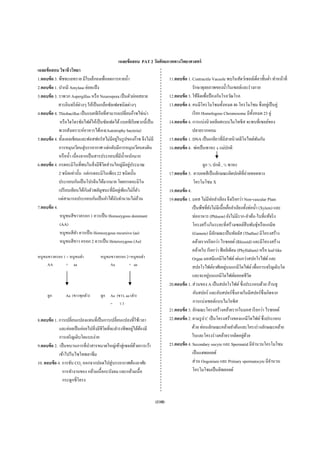 เฉลยข้อสอบ PAT 2 วัดศักยภาพทางวิทยาศาสตร์
เฉลยข้ อสอบ วิชาชีววิทยา
1.ตอบข้ อ 3. พืชทะเลทราย มีใบเล็กลงเพื่อลดการคายนํ้า                             11.ตอบข้ อ 1. Contractile Vacuole พบในสัตว์เซลล์เดี่ยวชั้นตํ่า ทําหน้าที่
2.ตอบข้ อ 1. ปากมี Amylase ย่อยแป้ ง                                                           รักษาดุลยภาพของนํ้าในเซลล์และร่ างกาย
3.ตอบข้ อ 3. ราพวก Aspergillus หรื อ Neurospora เป็ นตัวย่อยสลาย                 12.ตอบข้ อ 3. ใช้ฉีดเพื่อป้ องกันโรควัณโรค
                              ์่
             สารอินทรี ยตางๆ ให้เป็ นเกลือซัลเฟตชนิ ดต่างๆ                       13.ตอบข้ อ 4. คนมีโครโมโซมทั้งหมด 46 โครโมโซม ซึ่ งอยูเ่ ป็ นคู่
4.ตอบข้ อ 4. Thiobacillus เป็ นแบคทีเรี ยที่สามารถเปลี่ยนก๊าซไข่เน่า                           เรี ยก Homologous Chromosome มีท้ งหมด 23 คู่
                                                                                                                                 ั
              หรื อไฮโดรซัลไฟด์ให้เป็ นซัลเฟตได้ แบคทีเรี ยพวกนี้เป็ น           14.ตอบข้ อ 4. การแบ่งนิ วเคลียสแบบไมโทซีส จะพบที่เซลล์ของ
             พวกสังเคราะห์อาหารได้เอง(Autotrophy bacteria)                                     ปลายรากหอม
                                                  ่
5.ตอบข้ อ 4. ทั้งแคลเซี ยมและฟอสฟอรัสไม่มีอยูในรู ปของก๊าซ จึงไม่มี              15.ตอบข้ อ 1. DNA เป็ นเกลียวที่มีสายนิวคลีโอไทด์พนกัน
                                                                                                                                     ั
             การหมุนเวียนสู่บรรยากาศ แต่กลับมีการหมุนเวียนลงดิน                  16.ตอบข้ อ 4. พ่อเป็ นพาหะ x แม่ปกติ
             หรื อนํ้า เนื่ องจากเป็ นสารประกอบที่มีน้ าหนักมาก
                                                       ํ
                                          ิ              ่
6.ตอบข้ อ 4. กรดอะมิโนที่พบในสิ่ งมีชีวตส่วนใหญ่มีอยูประมาณ                                           ลูก ½ ปกติ , ½ พาหะ
             2 ชนิดเท่านั้น แต่กรดอะมิโนเพียง 22 ชนิดนั้น                        17.ตอบข้ อ 3. ตาบอดสีเป็ นลักษณะผิดปกติที่ถ่ายทอดทาง
             ประกอบกันเป็ นโปรตีนได้มากมาย โดยกรดอะมิโน                                         โครโมโซม X
             เปรี ยบเทียบได้กบตัวพยัญชนะที่มีอยูเ่ พียงไม่กี่ตว
                                 ั                            ั                  18.ตอบข้ อ 4.
             แต่สามารถประกอบกันเป็ นคําได้นบจํานวนไม่ถวน
                                                ั               ้                19.ตอบข้ อ 1. มอส ไม่มีท่อลําเลียง จึงเรี ยกว่า Non-vascular Plant
7.ตอบข้ อ 4.                                                                                   เป็ นพืชที่ยงไม่มีเนื้อเยือลําเลียงทั้งท่อนํ้า (Xylem) และ
                                                                                                             ั           ่
              หนูขนสี ขาวครอก 1 ควรเป็ น Homozygous dominant                                   ท่ออาหาร (Phloem) ยังไม่มีราก-ลําต้น-ใบที่แท้จริ ง
              (AA)                                                                             โครงสร้างในระยะที่สร้างเซลล์สืบพันธุ์หรื อแกมีท
              หนูขนสี ดา ควรเป็ น Homozygous recursive (aa)
                            ํ                                                                  (Gamete) มีลกษณะเป็ นทัลลัส (Thallus) มีโครงสร้าง
                                                                                                               ั
              หนูขนสี ขาว ครอก 2 ควรเป็ น Heterozygous (Aa)                                    คล้ายรากเรี ยกว่า ไรซอยด์ (Rhizoid) และมีโครงสร้าง
                                                                                               คล้ายใบ เรี ยกว่า ฟิ ลลิเดียม (Phyllidium) หรื อ leaf-like
หนูขนขาวครอก 1 × หนูขนดํา             หนูขนขาวครอก 2×หนูขนดํา                                  Organ มอสมีแกมีโตไฟด์ เด่นกว่าสปอโรไฟด์ และ
     AA       × aa                         Aa       × aa                                                               ่
                                                                                               สปอโรไฟต์อาศัยอยูบนแกมีโตไฟต์ เพื่อการเจริ ญเติบโต
                                                                                                           ่
                                                                                               และจะอยูบนแกมีโตไฟต์ตลอดชีวต           ิ
                                                                                 20.ตอบข้ อ 1. ส่ วนของ A เป็ นสปอโรไฟต์ ซึ่งประกอบด้วย ก้านชู
     ลูก         Aa (ขาวทุกตัว)       ลูก Aa (ขาว, aa (ดํา)                                     อับสปอร์ และอับสปอร์ซ่ ึงภายในมีสปอร์ซ่ ึ งเกิดจาก
                                          = 1:1                                                 การแบ่งเซลล์แบบไมโอซิ ส
                                                                                 21.ตอบข้ อ 3. ลักษณะโครงสร้างคล้ายรากในมอส เรี ยกว่า ไรซอยด์
8.ตอบข้ อ 1. การเปลี่ยนแปลงแทนที่เป็ นการเปลี่ยนแปลงที่ใช้เวลา                   22.ตอบข้ อ 2. ตามรู ป C เป็ นโครงสร้างของแกมีโตไฟต์ ซึ่ งประกอบ
                                                           ่ ้
             และค่อยเป็ นค่อยไปสิ่ งมีชีวิตที่จะดํารงชีพอยูได้ตองมี                            ด้วย ท่อนลักษณะคล้ายลําต้นและโครงร่ างลักษณะคล้าย
             การเจริ ญเติบโตแบบง่าย                                                            ใบและโครงร่ างคล้ายรากติดอยูดวย    ่ ้
9.ตอบข้ อ 2. เป็ นขบวนการที่นาสารขนาดใหญ่เข้าสู่ เซลล์ดวยการเว้า
                              ํ                             ้                    23.ตอบข้ อ 4. Secondary oocyte และ Spermatid มีจานวนโครโมโซม
                                                                                                                                          ํ
             เข้าไปในไซโทพลาซึม                                                                เป็ นแฮพลอยด์
10. ตอบข้ อ 4. การขับ CO2 ออกจากปอดไปสู่บรรยากาศต้องอาศัย                                      ส่ วน Oogonium และ Primary spermatocyte มีจานวน      ํ
               การทํางานของ กล้ามเนื้อกะบังลม และกล้ามเนื้ อ                                   โครโมโซมเป็ นดิพลอยด์
               กระดูกซี่โครง


                                                                         (110)
 