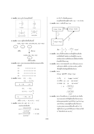 47. ตอบข้ อ 1 เพราะ รู ปร่ างโ ลเป็ นดังนี้
                             โมเลกุ                                                   (3) ที่ 27°C นํ้ายังเป็ นของเหลว
                                                                                        )                  ป็
                                                                                        )                  อยู่
                                                                                      (4) จุดเดือดปกติจะอ ที่ความดัน 1 attm = 101.325 kP
                                                                                                                                       Pa
                                                                       52. ตอบข้ อ 3 เพร จะต้องใช้ H Law
                                                                                        ราะ                Hess’

                                                                                                  ΔH = ?
                                                                              C2H4(g) + 3O2(g)                 2CO2(g) + 2 2O(l)
                                                                                                                         2H

                                                                                       1
                                                                                         y
                                                                                       2
                                                                                                             1
                                                                                                               x
48. ตอบข้ อ 3 เพราะ ปฏิกิริย ่เกิดขึ้นเป็ นดังนี้
                           ยาที                                              1 C H (g) + 3O (g)              2
                                                                                4 8        2
            CuSO4 . 5H2O + 4NH3 → Cu(N 3) SO4 . H2O + 4H2O
                                            NH                               2
        x                y               z
                                                                                                 1 1     x + y kJ.mol-1
                                                                                      ΔH
                                                                                      Δ =         x+ y =
             (สี ฟ้า)                          (สี คร
                                                    ราม)                                         2 2       2
                                                                       53. ตอบข้ อ 1 เพ ขั้นที่กาหนด ตราการเกิดปฏิกิิริยาจะต้องคิด
                                                                                      พราะ           ํ ดอั                  ก
                             Cu 3)3 SO4 + NH3 + H2O
                              u(NH         H
                                                                                     จา ้นที่เกิดช้า โดย ตราการเกิดปฏิกิริยา (rate) จะ
                                                                                       ากขั               ยอั
                                         A                                           แป นตรงกับความ มข้นของสารต้ งต้นยกกําลังด้วย
                                                                                       ปรผั                มเข้             ตั
                                    (สี เขียวแกม า)
                                               มฟ้                                   ตัว ่ทาให้สมกา ล
                                                                                       วเลขที ํ           ารดุ
49.ตอบข้ อ 4 เพราะ ผลบวกของเลขออกซิ เดชันของธาตุแทรนซิชน
                                               ชั      ั               54. ตอบข้ อ 2 เพ จากการทดล ่ 3 และ 4 เมือ [H2O2] และ [I-]
                                                                                      พราะ                ลองที              ่
             เป็ นดังนี้                                                                           +
                                                                                      คงที่ แต่ [H ] เพิมขึ้น 2 เท่า อัตราการ ด I2 คงที่ จึง
                                                                                                        ่                    รเกิ
              (1)              +3 +2 +2 +3 +4 = 14                                    เป็ นปฏิกิริยาอันดับ นย์เมื่อเทียบกับ
                                                                                       ป็                 บศู              บกรด
              (2)           +2 +3 +3 +2 +2 +2 = 14
                             2                                         55. ตอบข้ อ 3 เพ
                                                                                      พราะ
              (3)           +3 +3 +3 +1 +2 +2 = 14
                             3                                                       2N 2(g)
                                                                                       NO                     2NO(g) + O2(  (g)
              (4)        +3 +2 +3 +3 +3 +2 +2 = 18
                             2
50. ตอบข้ อ 3 เพราะ P1V1 = P2V2                                                       (1 เริ่ ม
                                                                                       1.)         4     0            mol.dm-3
                                                                                                                     0m
                            P1V1 = P2 × 3V1    V                                      (2 เปลี่ยน -1.6 +1.6 +0.8 mol.dm-3
                                                                                       2.)                            m
                                                                                      (3 สมดุล 2.4 1.6
                                                                                       3.)                        0.8 mol.dm-3
                                                                                                                      m
                  P1 = 3P3           ... (1)                                                                  2
                                                                                               ∴ K = [ NO] [ O 2 ]
                        P 2 V2       = P 3V 3                                                             [ NO 2 ] 2
                        P2 × 3 V1 = P3 × V1
                                                                                                                2
                                                                                                         = (1.6) (0.8)
                                                   9                                                          ( 2.4 ) 2
             P3           = 2 2 ... (2)
                            27P                                        56. ตอบข้ อ 4 เพ นํ้าลายเป็ นกรด, H+ จะสะเทินกับ OH- เกิดเป็ น
                                                                                      พราะ                              น
                                                                                                       -
                                                                                      H2O จะลด [OH ] ทาให้ปฏิกิริยาเลื่อนไปทางขวาตาม
                                                                                                         ทํ
             ดังนั้น P1 × P3 = 3P2 × 27 P2 = 81 P22                                  หลกของเลอชาเตอลิเอร์ และทําให้ PO43-(aq) รับ H+(aq)
                                                                                       ลั                 ลิ            P
51. ตอบข้ อ 1 เพราะ PV = n → ∴ P =
                          nRT                                                                       3-
                                                                                      จะ า ให้ [PO4 ] ลดลงปฏิกิริยาจะเลื่อนไปทางขวา
                                                                                       ะทํ                              ลื
               แทนค่าจากตัวเลือกข้อ
                          ตั                                                          Ca5(PO4)3OH(s) จะ  ะละลายได้มากขึ้น แต่ถา Ca2+ ทํา
                                                                                                                              ้
               (1) P =
                          1× 8.31 × 273            = 202 kPa
                                                                                                    +
                                                                                                          )             ณ  +
                                                                                      ปฏิกิริยากับ H (aq) จะทําให้ปริ มาณ H น้อยลง จะไมมีม่
                           11.2 × 10 −3                                                +
                                                                                      H ไปสะเทินกับ O และ PO4
                                                                                                         OH  -      3-

               (2) P = 1× 8.31 × 300               = 111 kPa
                             22.4 × 10 −3
                                                               (112)
 