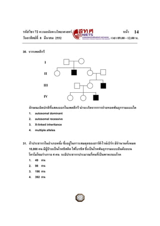 รหัสวิชา 72 ความถนัดทางวิทยาศาสตร                                      หนา 14
วันอาทิตยที่ 8 มีนาคม 2552                                    เวลา 09.00 - 12.00 น.

30. จากเพดดีกรี

               I

               II

               III

               IV

    ลักษณะผิดปกติที่แสดงออกในเพดดีกรี นาจะเกิดจากการถายทอดพันธุกรรมแบบใด
    1. autosomal dominant
    2. autosomal recessive
    3. X-linked inheritance
    4. multiple alleles


31. ถาประชากรในอําเภอหนึ่ง ซึ่งอยูในภาวะสมดุลของฮารด-ไวนเบิรก มีจํานวนทั้งหมด
                                                          ี
    10,000 คน มีผูปวยเปนโรคซิสติค ไฟโบรซิส ซึงเปนโรคพันธุกรรมแบบยีนดอยบน
                                                ่
    โครโมโซมรางกาย 4 คน จะมีประชากรประมาณกีคนที่เปนพาหะของโรค
                                                    ่
    1. 49 คน
    2. 98 คน
    3. 196 คน
    4. 392 คน
 