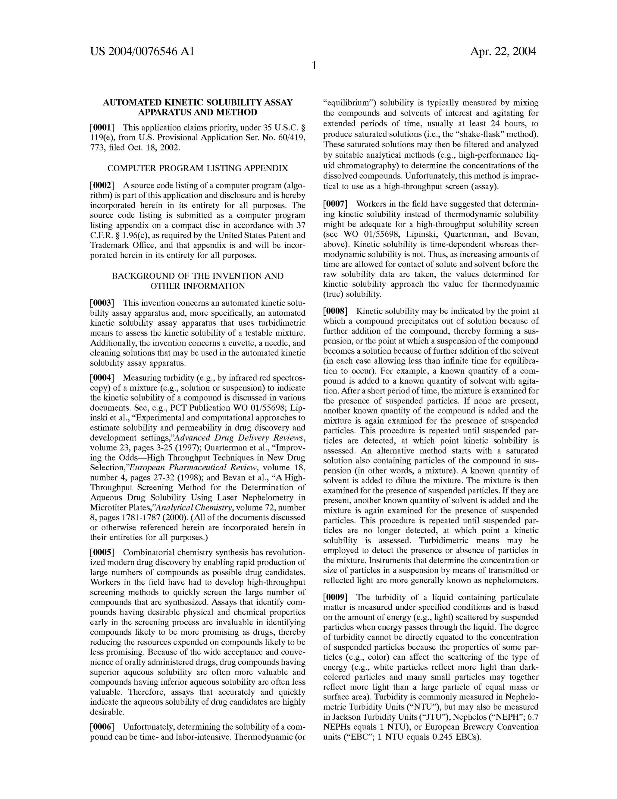 Automated Kinetic Solubility Assay Apparatus and Method