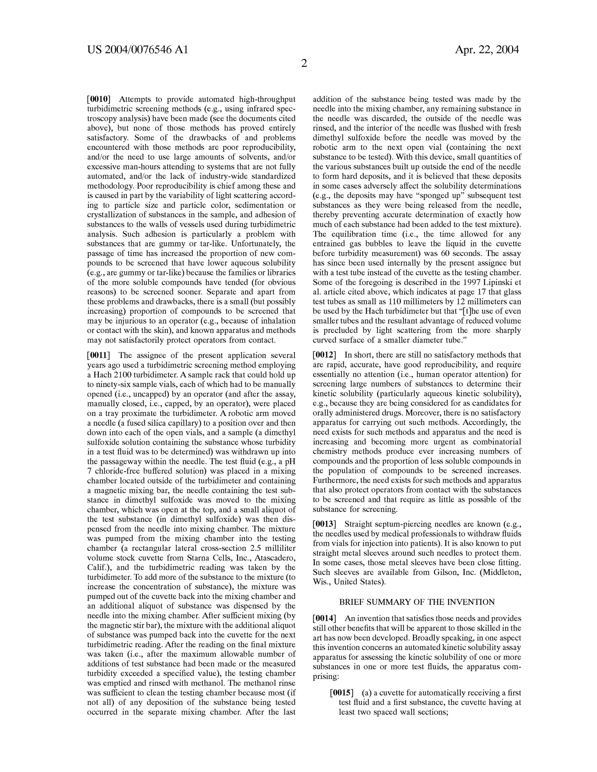 Automated Kinetic Solubility Assay Apparatus and Method