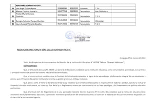 PERSONAL ADMINISTRATIVO
29 Luis Angel Quispe Apaza 939068541 30851053 Primaria T.S.II
30 Manuel Condori Huarachi 945877216 29458001 Secundaria Aux. Biblioteca
31
Froilan Muriel Hancco
Contrato
959786655 29633401
Secundaria T.S. II
32 Remigia Felicidad Parque Muchica
991454904 29556222
Secundaria Oficinista I
33 Laura Susana Vizcardo Zevallos 958754861 29446739 Secundaria T.S. II
RESOLUCIÓN DIRECTORAL N° 0047- 2022/D-IE.N°40204-NCV-SC
Arequipa,07 de marzo del 2022
Visto, los Proyectos de Instrumentos de Gestión de la Institución Educativa N° 40204 “Néstor Cáceres Velásquez”,
CONSIDERANDO:
Que, el artículo 66 de la Ley N° 28044, Ley General de Educación, establece que la institución educativa, como comunidad de aprendizaje, es la primera
y principal instancia de gestión del sistema educativo descentralizado;
Que, el mismo artículo establece que es finalidad de la institución educativa el logro de los aprendizajes y la formación integral de sus estudiantes y
precisa que el Proyecto Educativo Institucional orienta su gestión y tiene un enfoque inclusivo;
Que, por su parte, el literal a) del artículo 68 de la Ley establece que la Institución Educativa es responsable de elaborar, aprobar, ejecutar y evaluar el
Proyecto Educativo Institucional, así como su Plan Anual y su Reglamento Interno en concordancia con su línea axiológica y los lineamientos de política educativa
pertinentes;
Que, el artículo 127 del Reglamento de la Ley, aprobado mediante Decreto Supremo N° 011-2012-ED, establece que la institución educativa tiene
autonomía en el planeamiento, ejecución, supervisión, monitoreo y evaluación del servicio educativo, así como en la elaboración de sus instrumentos de gestión; en
el marco de la normatividad vigente;
 