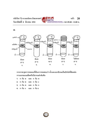 รหัสวิชา 72 ความถนัดทางวิทยาศาสตร หนา
วันอาทิตยที่ 8 มีนาคม 2552 เวลา 09.00 - 12.00 น.
20
39.
จากภาพ ชุดการทดลองที่ตองการทดสอบวา น้ําและออกซิเจนเปนปจจัยที่มีผลตอ
การงอกของเมล็ดหรือไม ตามลําดับคือ
1. ก กับ ข และ ก กับ ค
2. ก กับ ข และ ก กับ ง
3. ก กับ ค และ ก กับ จ
4. ก กับ ง และ ก กับ จ
จุกสําลี
เมล็ดพืช
สําลีชุบน้ํา
น้ํา
มีแสง
37 O
C
ก.
ตะแกรง
สําลีไมชุบน้ํา
สําลีชุบน้ํา
สําลีชุบน้ํา
จุกยาง
สําลีชุบน้ํา
น้ํา น้ํา น้ํา
มีแสง
37 O
C
ข.
มีแสง
10 O
C
ค.
มีแสง
37 O
C
ง.
ไมมีแสง
37 O
C
จ.
 