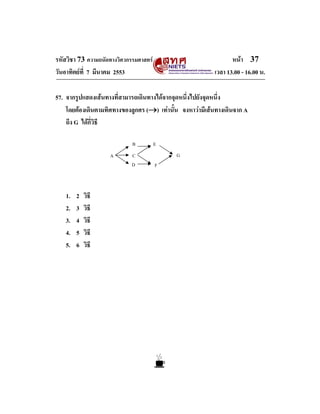 รหัสวิชา 73 ความถนัดทางวิศวกรรมศาสตร                            หนา 37
วันอาทิตยที่ 7 มีนาคม 2553                               เวลา 13.00 - 16.00 น.

57. จากรูปแสดงเสนทางที่สามารถเดินทางไดจากจุดหนึ่งไปยังจุดหนึ่ง
    โดยตองเดินตามทิศทางของลูกศร (→) เทานั้น จงหาวามีเสนทางเดินจาก A
    ถึง G ไดกี่วธี
                 ิ

                             B          E
                    A        C              G
                             D          F



   1.   2   วิธี
   2.   3   วิธี
   3.   4   วิธี
   4.   5   วิธี
   5.   6   วิธี
 