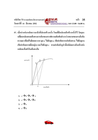 รหัสวิชา 73 ความถนัดทางวิศวกรรมศาสตร หนา
วันเสารที่ 14 มีนาคม 2552 เวลา 13.00 - 16.00 น.
35
57. เมื่อนําแทงเหล็กยาวมาดึงที่ปลายขางหนึ่ง โดยที่ยึดปลายอีกขางหนึ่งไว วัสดุจะ
เปลี่ยนแปลงตามเสนทางการเดินของกราฟความสัมพันธระหวางขนาดของแรงดึงกับ
ความยาวที่สปริงยึดออก จาก จุด o ไปยังจุด a (ขีดจํากัดการแปรผันตรง) ไปยังจุด b
(ขีดจํากัดสภาพยืดหยุน) และไปยังจุด c ตามลําดับดังรูป เมื่อปลอยแรงดึงแลวแทง
เหล็กจะคืนตัวในเสนทางใด
1. c b a o
2. c b a d
3. c o
4. c d
a
b c
o
d ระยะยืดตัว
แรงกระทํา
 