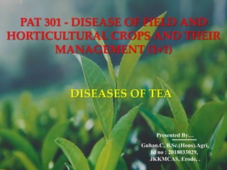 PAT 301 - DISEASE OF FIELD AND
HORTICULTURAL CROPS AND THEIR
MANAGEMENT (1+1)
DISEASES OF TEA
Presented By…
Guhan.C, B.Sc.(Hons).Agri,
Id no : 2018033029,
JKKMCAS, Erode, .
 