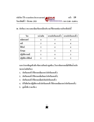 รหัสวิชา 73 ความถนัดทางวิศวกรรมศาสตร
วันอาทิตยที่ 7 มีนาคม 2553

หนา 19
เวลา 13.00 - 16.00 น.

30. นักเรียน 2 คน ลงทะเบียนเรียนเหมือนกัน และไดเกรดแตละรายวิชาเปนดังนี้

วิชา
คณิตศาสตร
เคมี
ฟสิกส
อังกฤษ
ปฏิบัติการเคมี
ปฏิบัติการฟสิกส

หนวยกิต
4
3
3
3
1
1

เกรดนักเรียนคนที่ 1 เกรดนักเรียนคนที่ 2
3
4
4
4
4
4
4
4
4
3
4
3

จงหาวาจากขอมูลขางตน ขอความใดกลาวถูกตอง ( ในการคิดเกรดเฉลี่ยใหคิดน้ําหนัก
ของหนวยกิตดวย )
1. นักเรียนคนที่ 1ไดเกรดเฉลี่ยมากกวานักเรียนคนที่ 2
2. นักเรียนคนที่ 1ไดเกรดเฉลี่ยนอยกวานักเรียนคนที่ 2
3. นักเรียนคนที่ 1ไดเกรดเฉลี่ยเทากับนักเรียนคนที่ 2
4. ถาไมคิดวิชาปฎิบัติการแลวนักเรียนคนที่ 1ไดเกรดเฉลี่ยมากกวานักเรียนคนที่ 2
5. ถูกทั้งขอ 2 และขอ 4

 