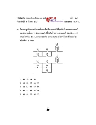 รหัสวิชา 73 ความถนัดทางวิศวกรรมศาสตร
วันอาทิตยที่ 7 มีนาคม 2553

หนา 33
เวลา 13.00 - 16.00 น.

50. พิจารณารูปดานลางเสนแนวดิ่งทางซายมือแทนสายไฟที่ตอกับขั้วบวกของแบตเตอรี่
และเสนแนวดิ่งทางขวามือแทนสายไฟที่ตอกับขั้วลบของแบตเตอรี่ S1 , S2 , … , S9
แทนสวิตชและ L1 , L2 แทนหลอดไฟ การทํางานของสวิตชขอใดทําใหหลอดไฟ
สวางเพียง 1 หลอด

1.
2.
3.
4.
5.

S1
S1
S1
S1
S1

S3
S2
S3
S2
S2

S4
S3
S7
S4
S3

S9
S6
S8
S5
S5

S9
S9
S8
S7

 