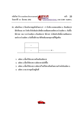 รหัสวิชา 73 ความถนัดทางวิศวกรรมศาสตร หนา
วันเสารที่ 14 มีนาคม 2552 เวลา 13.00 - 16.00 น.
33
55. บล็อกโลหะ 2 กอนดังภาพถูกดึงดวยแรง F = 9 นิวตัน มวลของบล็อก A กับบล็อก B
มีคากอนละ 10 นิวตัน ถาคาสัมประสิทธิ์ความเสียดทานสถิตระหวางบล็อก A กับพื้น
มีคา 0.8 และ ระหวางบล็อก A กับบล็อก B มีคา 0.9 คาสัมประสิทธิ์ความเสียดทาน
จลนระหวางบล็อก A กับพื้นมีคา 0.6 ขอใดอธิบายเหตุการณไดถูกตอง
1. บล็อก A เลื่อนไปทางขวาพรอมกับบล็อก B
2. บล็อก A เลื่อนไปทางขวา บล็อก B หลนที่พื้น
3. บล็อก A เลื่อนไปทางขวา บล็อก B ไหลไปทางซายดวยความเร็วเทากับบล็อก A
4. บล็อก A และ B หยุดนิ่งอยูกับที่
A
B
F
 