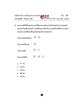 รหัสวิชา 73 ความถนัดทางวิศวกรรมศาสตร                             หนา 16
วันอาทิตยที่ 7 มีนาคม 2553                                เวลา 13.00 - 16.00 น.

25. แผนภาพตอไปนี้แสดงจํานวนนักศึกษาของแตละภาควิชาในคณะวิศวกรรมศาสตร
    ของมหาวิทยาลัยแหงหนึ่ง หากนักศึกษาภาควิชาวิศวกรรมเครื่องกลมีจํานวน 40 คน
    จงหาจํานวนนักศึกษาทั้งหมดของคณะวิศวกรรมศาสตร

   วิศวกรรมคอมพิวเตอร

   วิศวกรรมเครื่องกล

   วิศวกรรมเคมี

   วิศวกรรมไฟฟา

   1.   70 คน
   2.   140 คน
   3.   160 คน
   4.   280 คน
   5.   320 คน
 