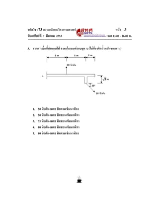 รหัสวิชา 73 ความถนัดทางวิศวกรรมศาสตร                              หนา 3
วันอาทิตยที่ 7 มีนาคม 2553                                 เวลา 13.00 - 16.00 น.

3. จากคานยื่นที่กําหนดให จงหาโมเมนตรอบจุด A (ไมตองคิดน้ําหนักของคาน)




          A




   1.   50 นิวตัน-เมตร ทิศตามเข็มนาฬิกา
   2.   50 นิวตัน-เมตร ทิศทวนเข็มนาฬิกา
   3.   75 นิวตัน-เมตร ทิศทวนเข็มนาฬิกา
   4.   80 นิวตัน-เมตร ทิศทวนเข็มนาฬิกา
   5.   80 นิวตัน-เมตร ทิศตามเข็มนาฬิกา
 