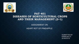 PAT 401
DISEASES OF HORTICULTURAL CROPS
AND THEIR MANAGEMENT (2+1)
ASSIGNMENT ON
HEART ROT OF PINEAPPLE
SUBMITTED BY
KAMALRAJ G
2016037015
 