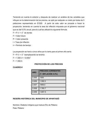 Teniendo en cuenta lo anterior y después de realizar un análisis de las variables que
influyen en la determinación de los precios, se optó por estipular un costo por bolsa de 5
patacones representado en $1500. A partir de este valor se procede a hacer la
proyección, teniendo en cuenta la tasa de inflación impuesta por el gobierno nacional
que es del 5.5% anual, para la cual se utilizará la siguiente fórmula.
F = P (1 + i)n
de donde:
F = Valor futuro
P = Valor presente
i = Tasa de inflación
n = Período de tiempo
La proyección se hará a cinco años por lo tanto para el primer año sería:
F = P (1 + i)n
reemplazando se tendría:
F = 1.500 (1 + 0.055)1
F = 1.582.5
PROYECCIÓN DE LOS PRECIOS
CUADRO #
AÑO
PRECIOS CORRIENTES
(T. INFLACIÓN 5.5%)
2.005 1500
2.006 1.582.5
2.007 1669,5
2.008 1.760.7
2.009 1.857.5
RESEÑA HISTÓRICA DEL MUNICIPIO DE APARTADÓ
Nombre: Dialecto indígena que traduce Río de Plátano
Pata: Plátano
 