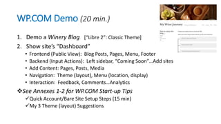 WP.COM Demo (20 min.)
1. Demo a Winery Blog [“Libre 2”: Classic Theme]
2. Show site’s “Dashboard”
• Frontend (Public View): Blog Posts, Pages, Menu, Footer
• Backend (Input Actions): Left sidebar, “Coming Soon”…Add sites
• Add Content: Pages, Posts, Media
• Navigation: Theme (layout), Menu (location, display)
• Interaction: Feedback, Comments…Analytics
See Annexes 1-2 for WP.COM Start-up Tips
Quick Account/Bare Site Setup Steps (15 min)
My 3 Theme (layout) Suggestions
 