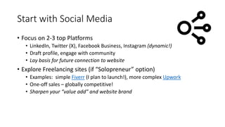 Start with Social Media
• Focus on 2-3 top Platforms
• LinkedIn, Twitter (X), Facebook Business, Instagram (dynamic!)
• Draft profile, engage with community
• Lay basis for future connection to website
• Explore Freelancing sites (if “Solopreneur” option)
• Examples: simple Fiverr (I plan to launch!), more complex Upwork
• One-off sales – globally competitive!
• Sharpen your “value add” and website brand
 