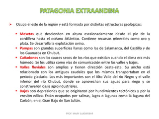 PROF. MARY SUASNÁBAR
 Ocupa el este de la región y está formada por distintas estructuras geológicas:
 Mesetas que descienden en altura escalonadamente desde el pie de la
cordillera hasta el océano Atlántico. Contiene recursos minerales como oro y
plata. Se desarrolla la explotación ovina.
 Pampas son grandes superficies llanas como las de Salamanca, del Castillo y de
los Guanacos en Chubut.
 Cañadones son los cauces secos de los ríos que existían cuando el clima era más
húmedo. Se los utiliza como vías de comunicación entre los valles y bajos.
 Valles fluviales son amplios y tienen dirección oeste-este. Su ancho está
relacionado con los antiguos caudales que los mismos transportaban en el
período glaciario. Los más importantes son el Alto Valle del río Negro y el valle
inferior del río Chubut, donde se aprovechan sus aguas para riego y se
construyeron oasis agroindustriales.
 Bajos son depresiones que se originaron por hundimientos tectónicos y por la
erosión eólica. Están ocupados por salinas, lagos o lagunas como la laguna del
Carbón, en el Gran Bajo de San Julián.
 