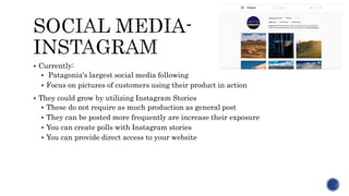  Currently:
 Patagonia's largest social media following
 Focus on pictures of customers using their product in action
...
