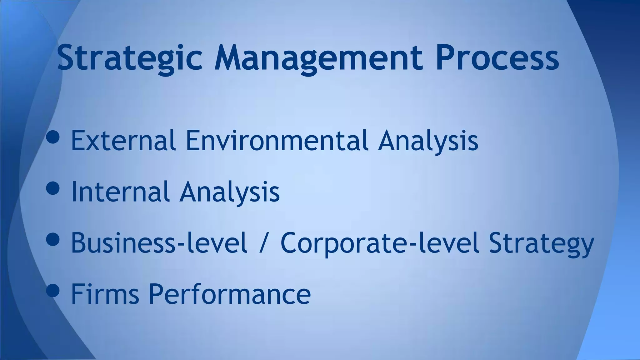 •External Environmental Analysis
•Internal Analysis
•Business-level / Corporate-level Strategy
•Firms Performance
Strategic Management Process
 