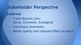 External
o Triple Bottom Line:
Social, Economic, Ecological
o Continuous Innovation
o Better quality and reduced effect on earth
Stakeholder Perspective
 