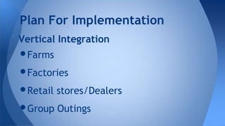 Vertical Integration
•Farms
•Factories
•Retail stores/Dealers
•Group Outings
Plan For Implementation
 