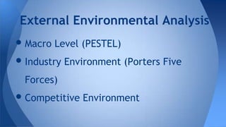 •Macro Level (PESTEL)
•Industry Environment (Porters Five
Forces)
•Competitive Environment
External Environmental Analysis
 