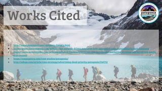 Works Cited
● http://www.patagonia.com/company-history.html
● https://www.fastcompany.com/3038557/the-purpose-driven-marketer-how-patagonia-uses-storytelling-to-turn-consume
● https://www.investopedia.com/articles/personal-finance/070715/success-patagonias-marketing-strategy.asp?lgl=af-top-textlin
k-in-content
● https://ampagency.com/case-studies/patagonia/
● http://adage.com/article/cmo-strategy/advertising-dead-priority-patagonia/245712
 