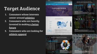 Target Audience
1. Consumers whose interests
center around athletics
2. Consumers who are heavily
invested in making a better
future
3. Consumers who are looking for
athletic apparel
 