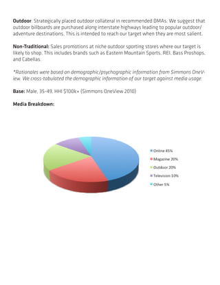 Outdoor: Strategically placed outdoor collateral in recommended DMAs. We suggest that
outdoor billboards are purchased along interstate highways leading to popular outdoor/
adventure destinations. This is intended to reach our target when they are most salient.

Non-Traditional: Sales promotions at niche outdoor sporting stores where our target is
likely to shop. This includes brands such as Eastern Mountain Sports, REI, Bass Proshops,
and Cabellas.

*Rationales were based on demographic/psychographic information from Simmons OneV-
iew. We cross-tabulated the demographic information of our target against media usage.

Base: Male, 35-49, HHI $100k+ (Simmons OneView 2010)

Media Breakdown:
 
