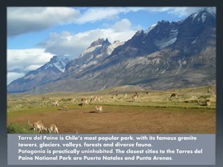 Torre del Paine is Chile’s most popular park, with its famous granite
towers, glaciers, valleys, forests and diverse fauna.
Patagonia is practically uninhabited. The closest cities to the Torres del
Paine National Park are Puerto Natales and Punta Arenas.
 