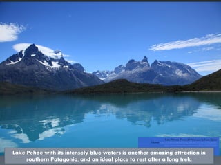 Lake Pehoe with its intensely blue waters is another amazing attraction in
southern Patagonia, and an ideal place to rest after a long trek.
 