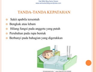 Hak Milik Blog Sains Sukan
                      www.sainsukanblog.wordpress.com




         TANDA-TANDA KEPATAHAN
   Sakit apabila tersentuh
   Bengkak atau lebam
   Hilang fungsi pada anggota yang patah
   Perubahan pada rupa bentuk
   Berbunyi pada bahagian yang digerakkan
 