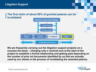 Our flagship offering helps to close the feedback loopbetween Business Strategy and IP ManagementCompetitor intelligence and technology scoutingdetailed analysis of each top company and each technology clusteridentified novel solutions, white spaces and potential partnerssystematic approach to Open Innovation technology scouting there is a chance that competitors are doing it already!Our findings contribute to technology forecasting and management