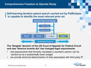 Case study: Advanced Energy Storage TechnologiesThe de-duplication algorithm aggregated about 12,000simple patent families from about 40,000 national patentsThe iterative search was build up using a combination of110 assignees 1,200 inventors 2,600 patent codes (including  IPC, ECLA, ICO, US, and Derwent) 1,250 keywordsAll forward and backward citations were added to the portfolioOnly 3% of patent families were left unassigned in the raw patent records more than 40% of US patents were left unassignedthe latest assignee information was taken from INPADOC legal file; this information is available for 90% of US patents