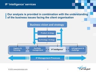 SummaryPremium services which are critically dependenton the completeness of the patent searching results 'Patent landscape' studies of international R&D trends, used for:competitor intelligence