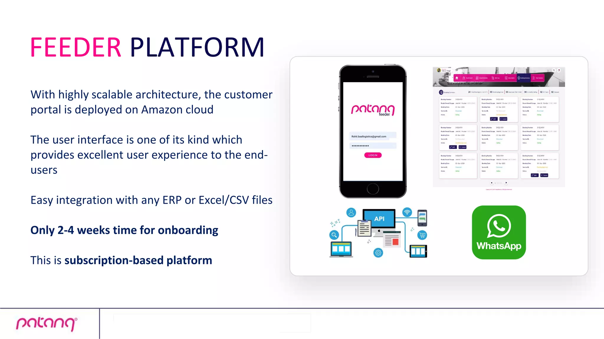 With highly scalable architecture, the customer
portal is deployed on Amazon cloud
The user interface is one of its kind which
provides excellent user experience to the end-
users
Easy integration with any ERP or Excel/CSV files
Only 2-4 weeks time for onboarding
This is subscription-based platform
Rohit.baallogistics@gmail.com
FEEDER PLATFORM
 