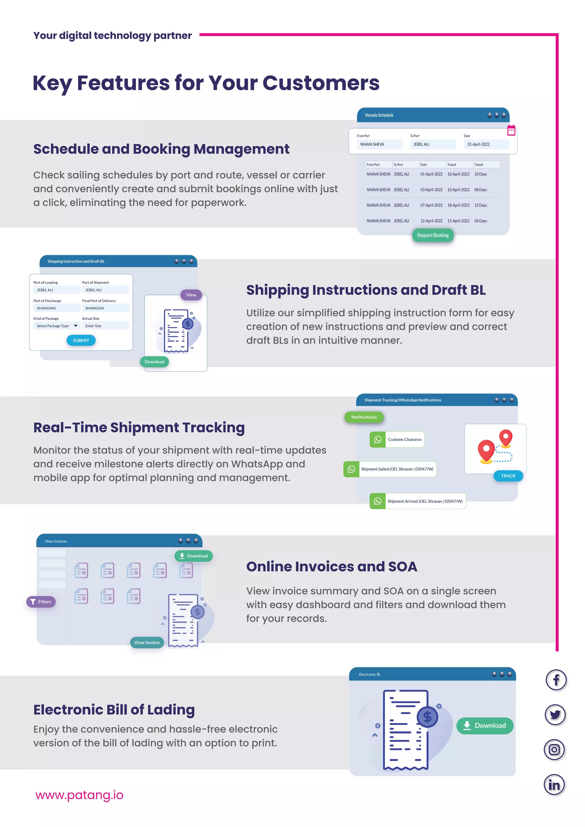 Your digital technology partner
www.patang.io
Shipping Instructions and Draft BL
Real-Time Shipment Tracking
Schedule and Booking Management
Check sailing schedules by port and route, vessel or carrier
and conveniently create and submit bookings online with just
a click, eliminating the need for paperwork.
Utilize our simplified shipping instruction form for easy
creation of new instructions and preview and correct
draft BLs in an intuitive manner.
Monitor the status of your shipment with real-time updates
and receive milestone alerts directly on WhatsApp and
mobile app for optimal planning and management.
Online Invoices and SOA
View invoice summary and SOA on a single screen
with easy dashboard and filters and download them
for your records.
Electronic Bill of Lading
Enjoy the convenience and hassle-free electronic
version of the bill of lading with an option to print.
View Invoices
Electronic BL
Key Features for Your Customers
 